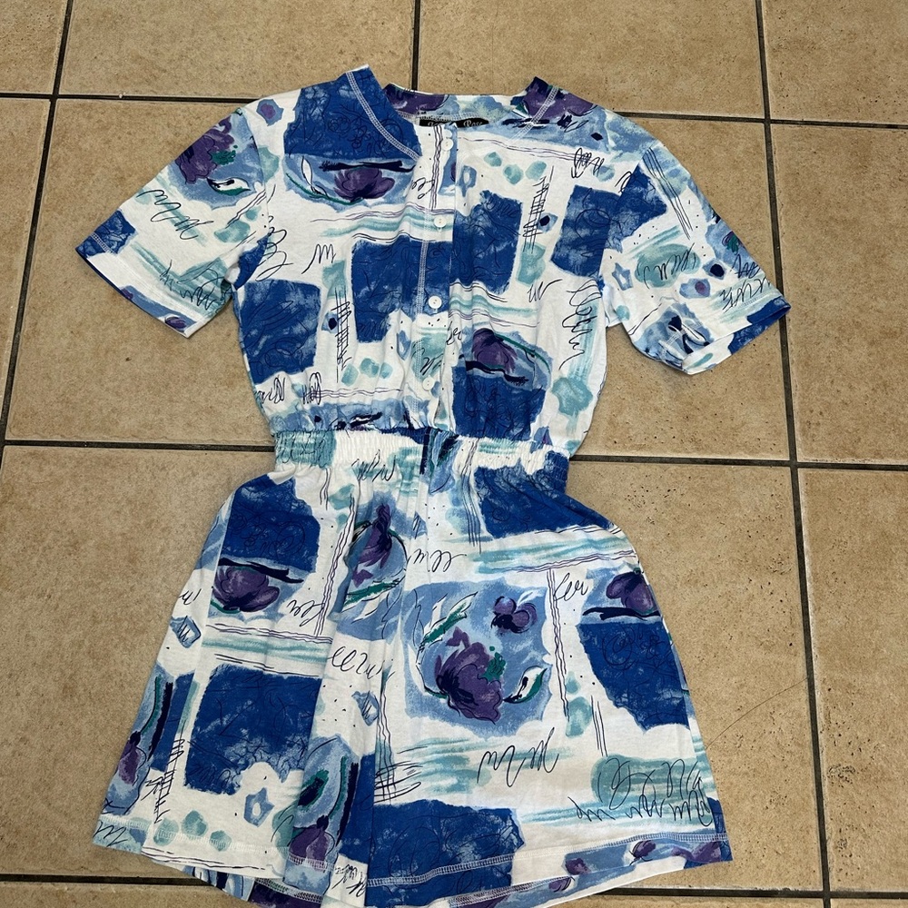 Vintage Abstract Blue & Teal Short Romper